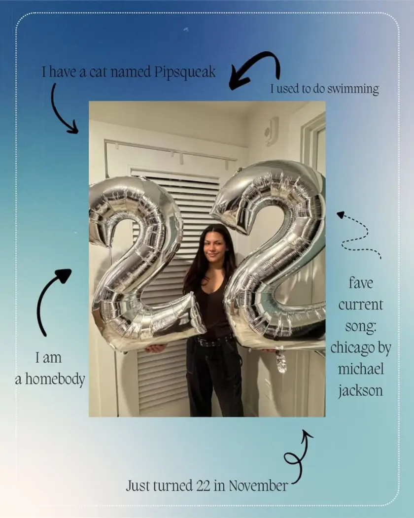 Your esthetician holding silver number 22 balloons, surrounded by handwritten notes sharing fun facts about her